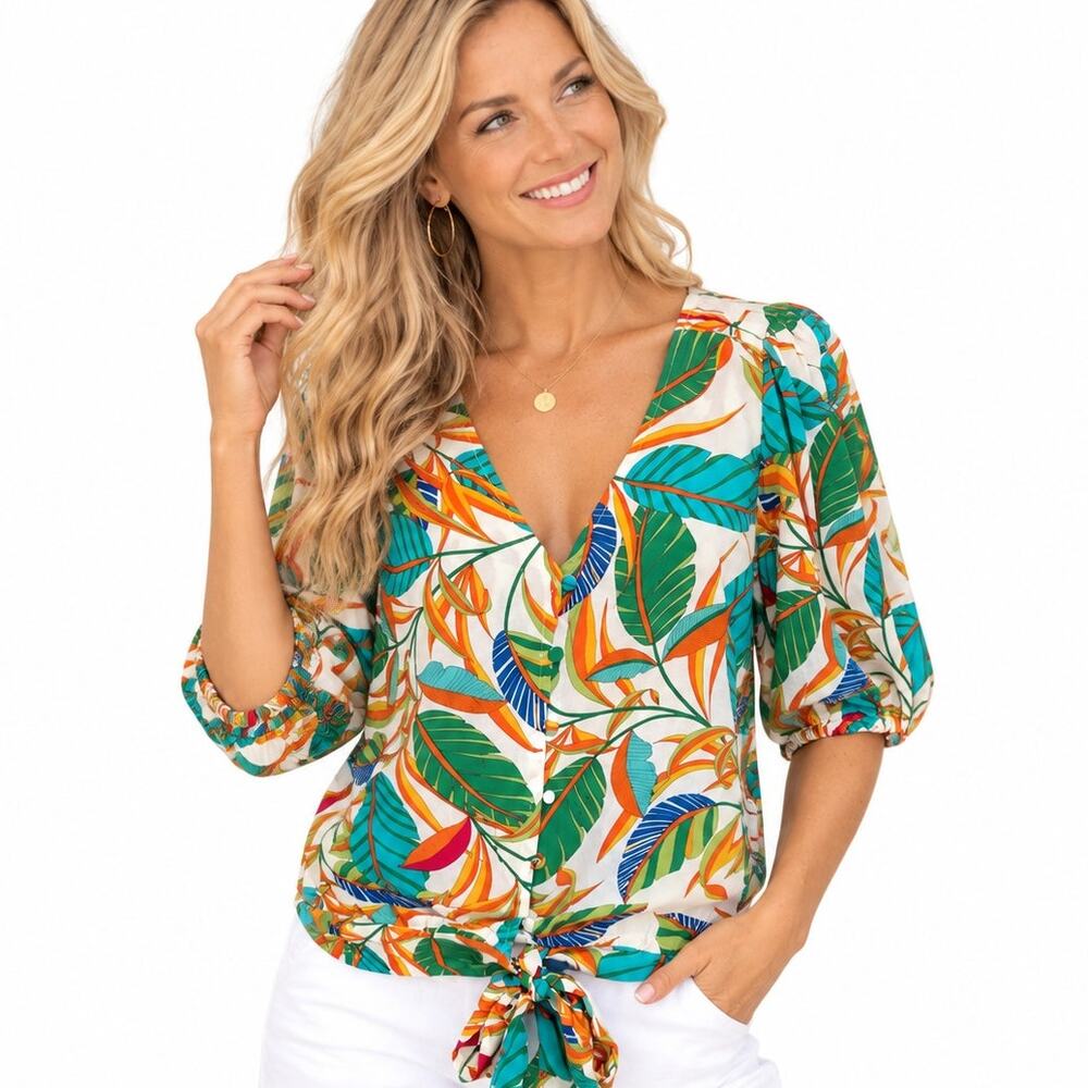 Rose & Olive Tropical Tie Hem Top Womens Medium V-Neck Aloha Hawaiian Blouse
